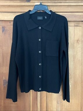 Cyrus Black Ribbed Collared Button Cardigan